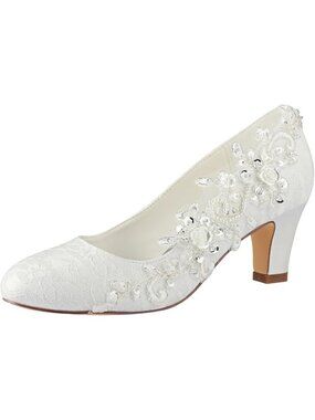 Emily Bridal Size 5 (35) Pumps Satin Rhinestone Lace Chunky Heel Ivory Shoes